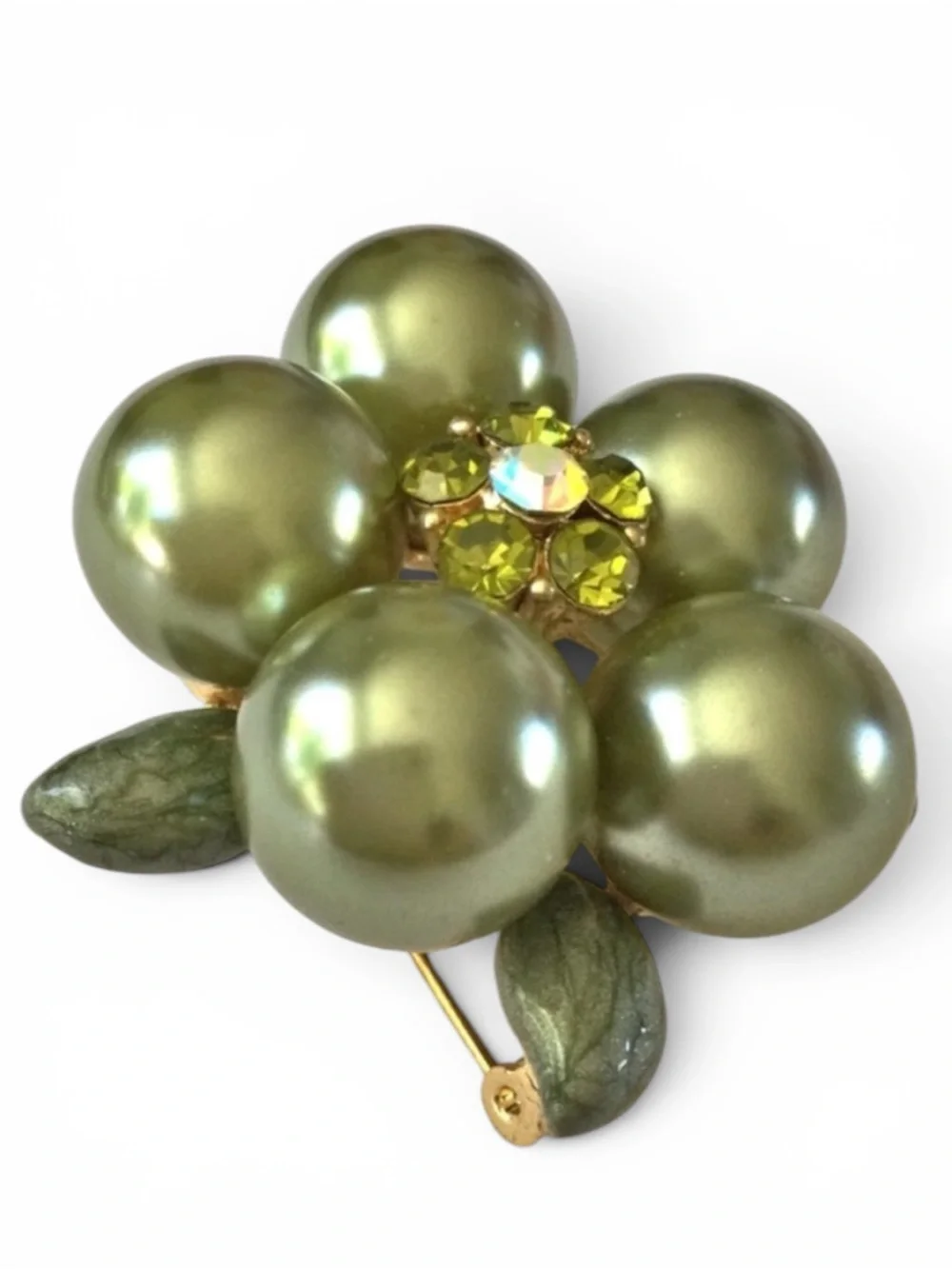 Vintage Faux Pearl & Enamel Floral Brooch • AB & Peridot Rhinestones - Picture 8 of 11